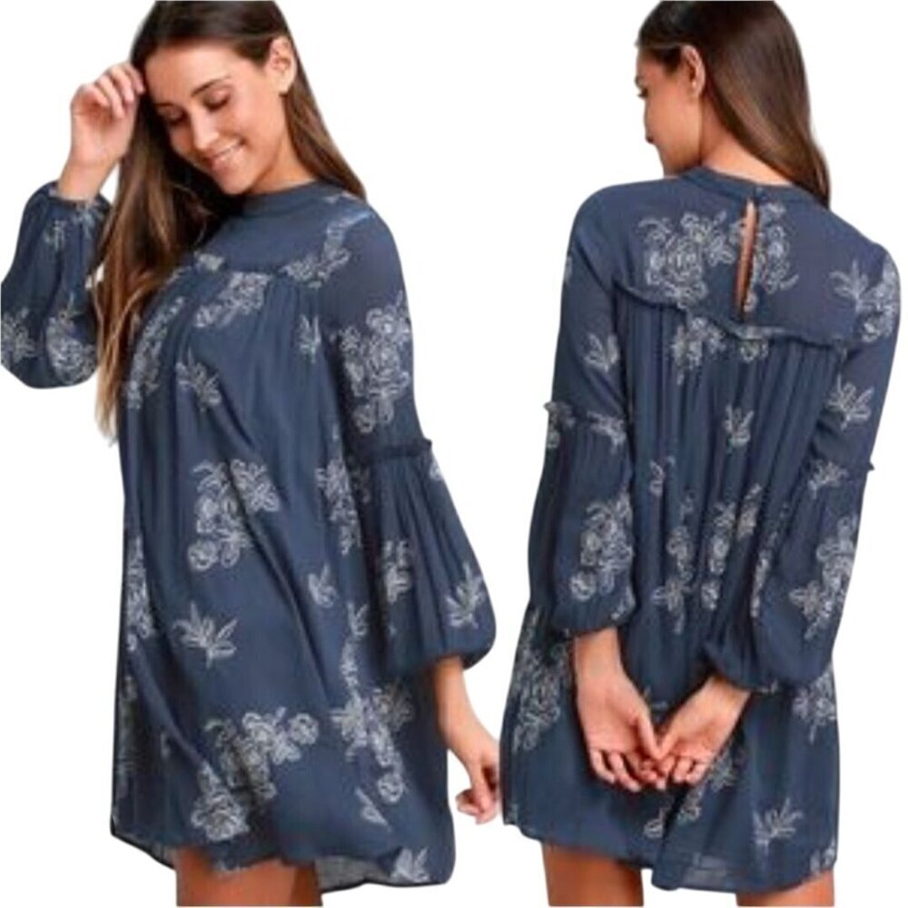 Lulus No One Like You Dark Blue Embroidered Shift Dress Size S